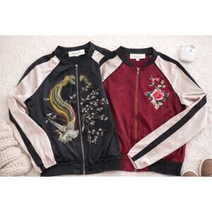 Rewind Womens Small Embroidered Bomber Jackets Set Black Tan Bird Floral Red Tan